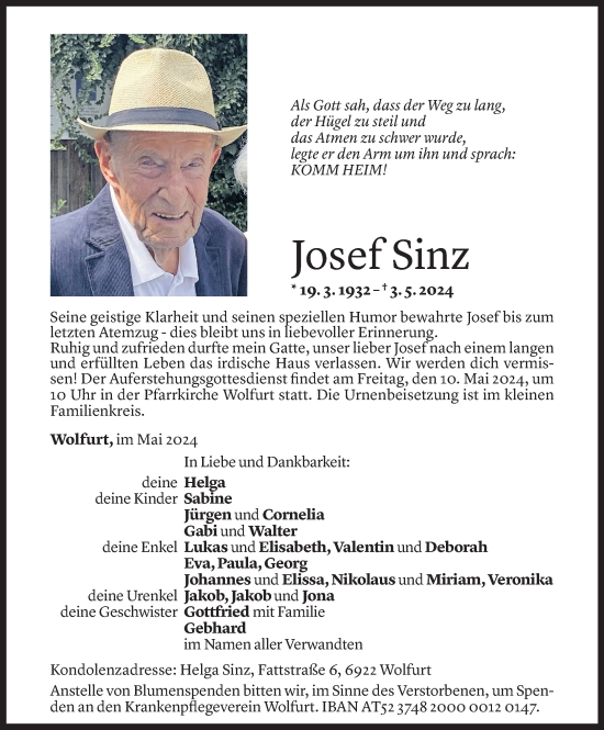Todesanzeige von Josef Sinz von Vorarlberger Nachrichten
