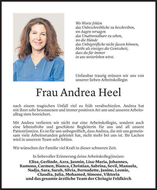 Todesanzeige von Andrea Heel von Vorarlberger Nachrichten