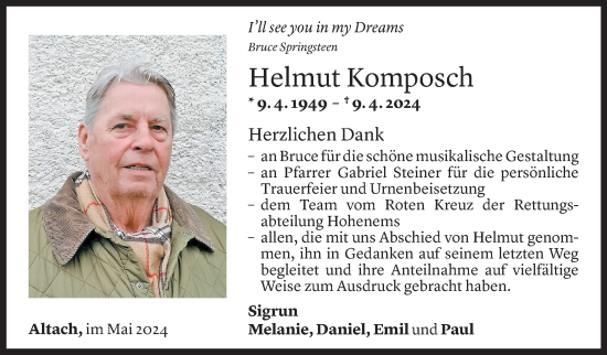 Todesanzeige von Helmut Komposch von Vorarlberger Nachrichten