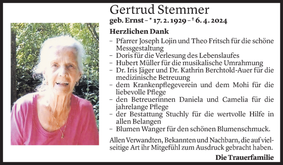 Todesanzeige von Gertrud Stemmer von Vorarlberger Nachrichten