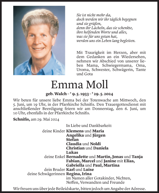 Todesanzeige von Emma Moll von Vorarlberger Nachrichten