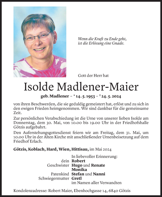 Todesanzeige von Isolde Madlener-Maier von Vorarlberger Nachrichten