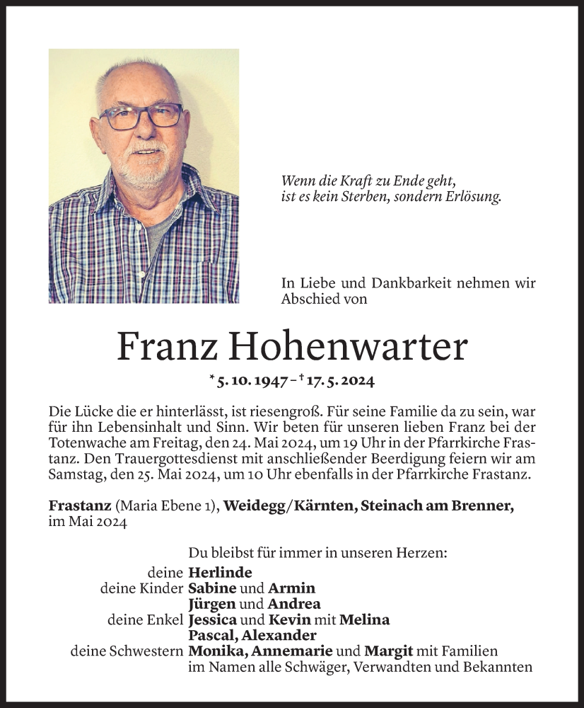 Todesanzeige für Franz Hohenwarter vom 22.05.2024 aus Vorarlberger Nachrichten