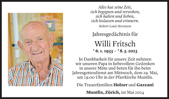 Todesanzeige von Willi Fritsch von Vorarlberger Nachrichten