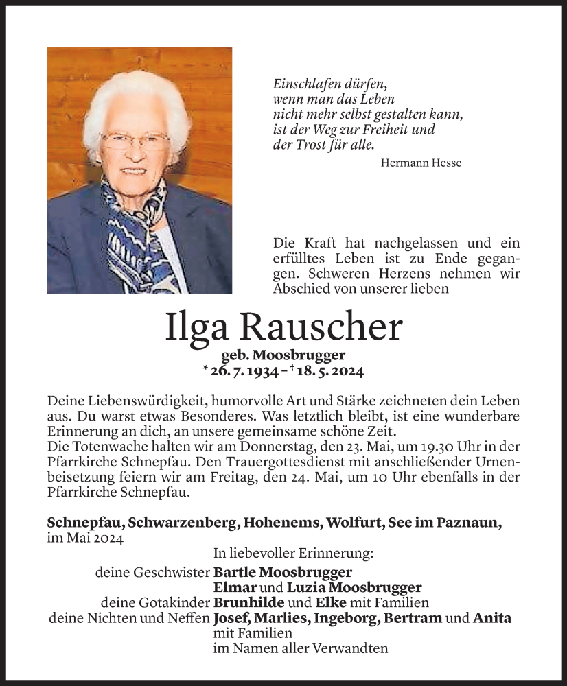  Todesanzeige für Ilga Rauscher vom 22.05.2024 aus Vorarlberger Nachrichten