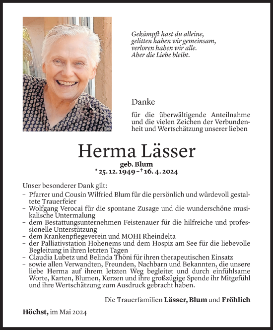 Todesanzeige von Herma Lässer von Vorarlberger Nachrichten