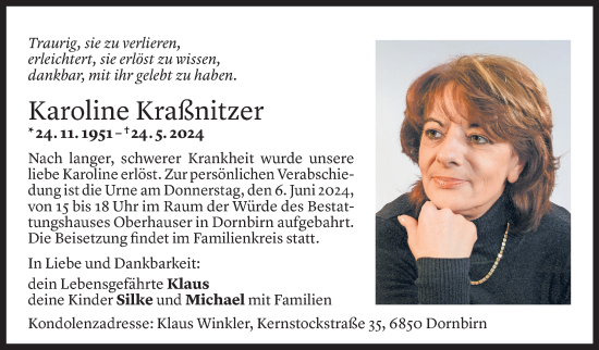 Todesanzeige von Karoline Kraßnitzer von Vorarlberger Nachrichten
