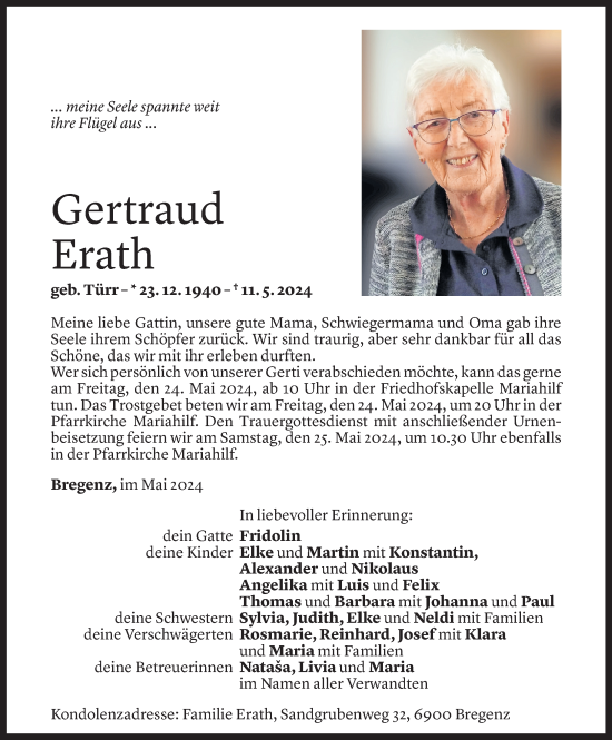 Todesanzeige von Gertud Erath von Vorarlberger Nachrichten