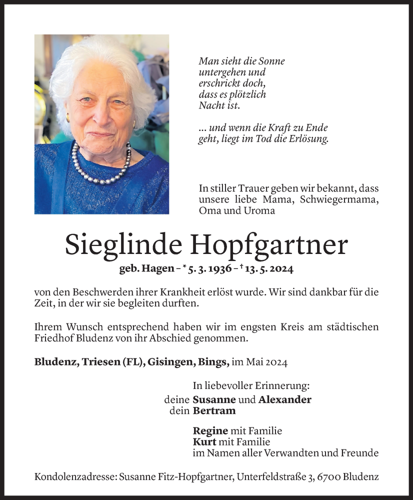  Todesanzeige für Sieglinde Hopfgartner vom 25.05.2024 aus Vorarlberger Nachrichten