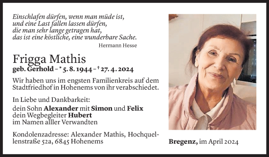 Todesanzeige von Frigga Mathis von Vorarlberger Nachrichten