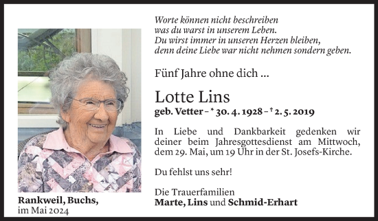 Todesanzeige von Lotte Lins von Vorarlberger Nachrichten
