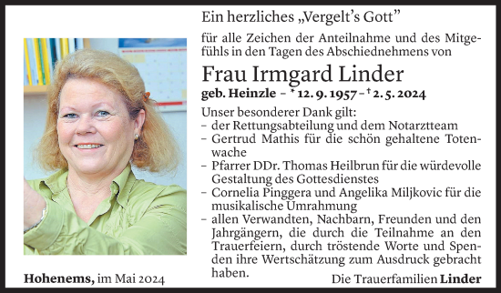 Todesanzeige von Irmgard Linder von Vorarlberger Nachrichten
