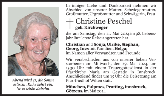 Todesanzeige von Christine Peschel von Vorarlberger Nachrichten