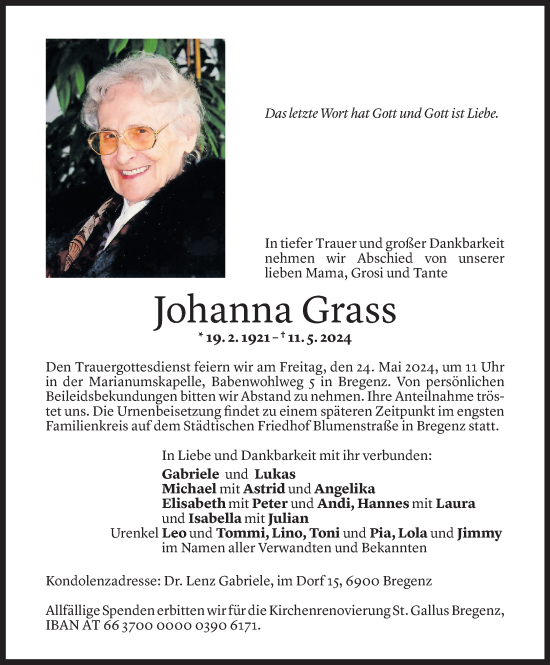 Todesanzeige von Johanna Grass von Vorarlberger Nachrichten