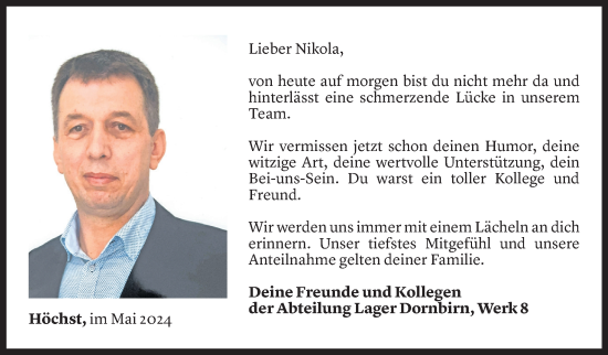 Todesanzeige von Nikola Roskic von Vorarlberger Nachrichten