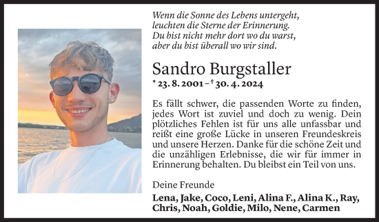 Todesanzeige von Sandro Burgstaller von Vorarlberger Nachrichten