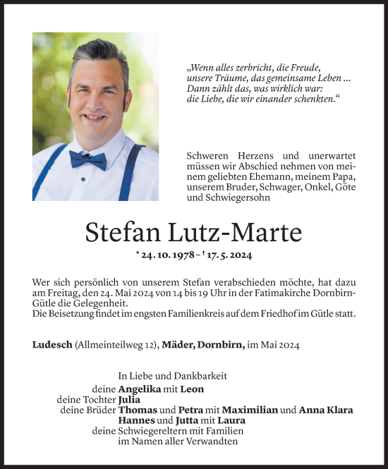 Todesanzeige von Stefan Lutz-Marte von Vorarlberger Nachrichten