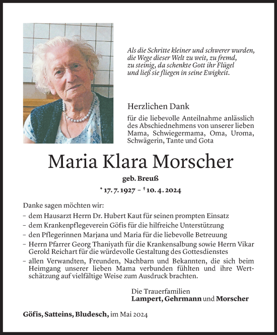 Todesanzeige von Maria Morscher von vorarlberger nachrichten