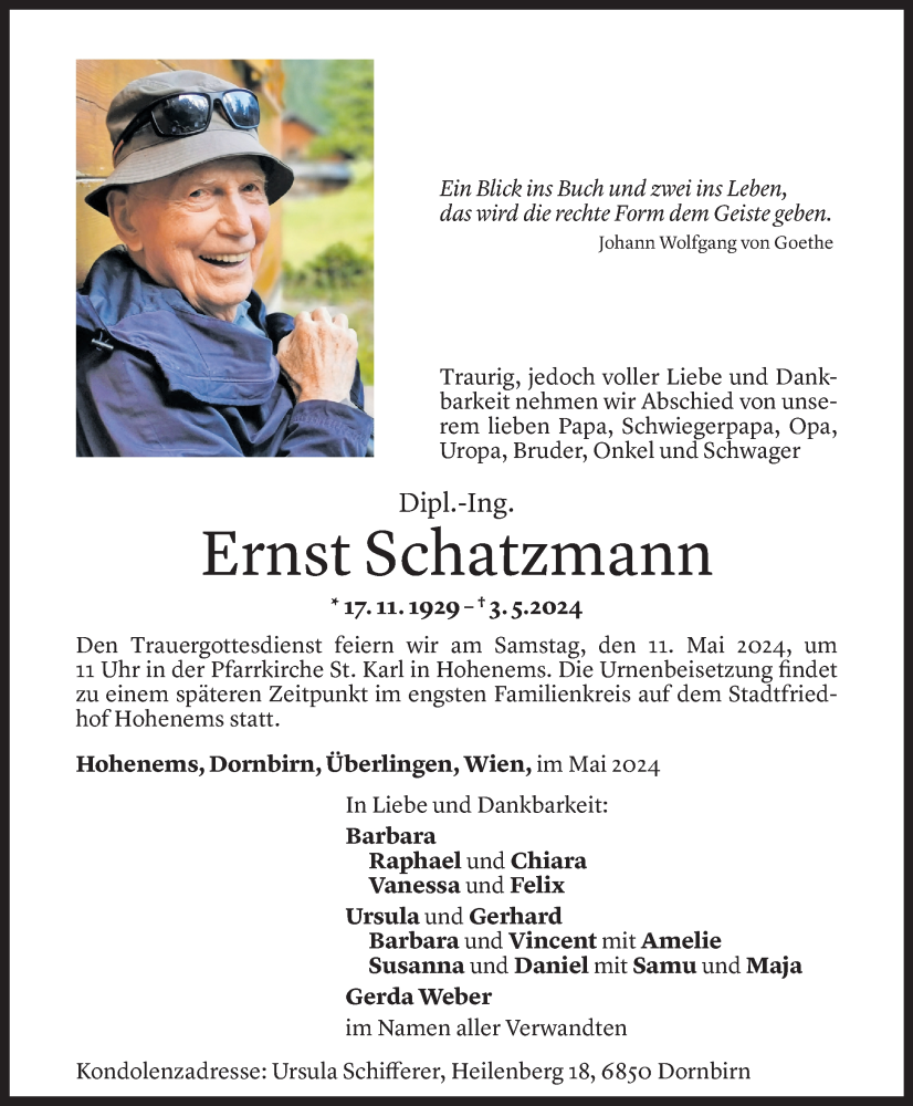  Todesanzeige für Ernst Schatzmann vom 08.05.2024 aus Vorarlberger Nachrichten
