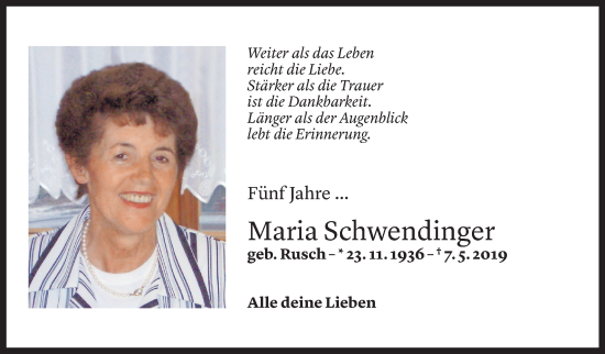 Todesanzeige von Maria Schwendinger von Vorarlberger Nachrichten