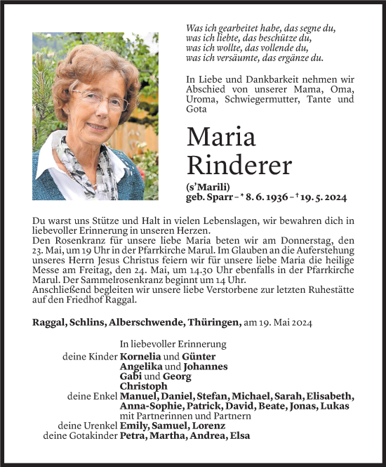 Todesanzeige von Maria Rinderer von Vorarlberger Nachrichten