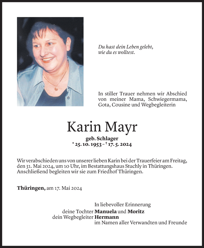  Todesanzeige für Karin Mayr vom 28.05.2024 aus Vorarlberger Nachrichten