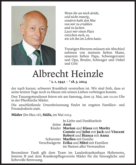 Todesanzeige von Albrecht Heinzle von Vorarlberger Nachrichten
