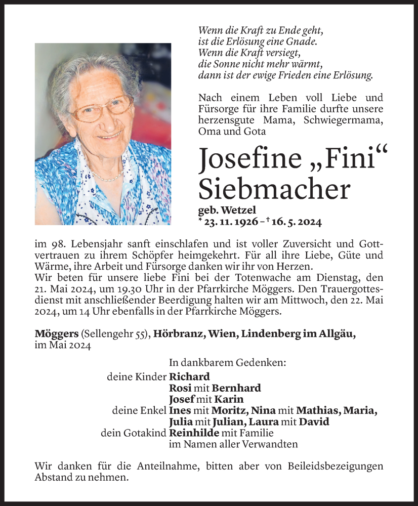  Todesanzeige für Fini Siebmacher vom 17.05.2024 aus Vorarlberger Nachrichten