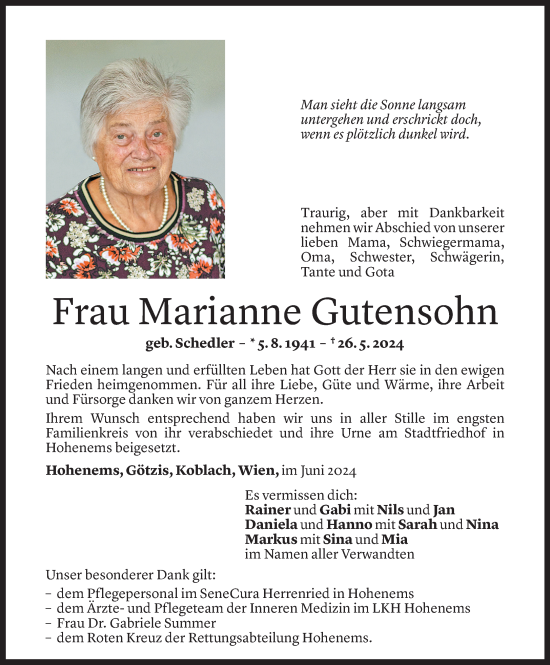 Todesanzeige von Marianne Gutensohn von Vorarlberger Nachrichten