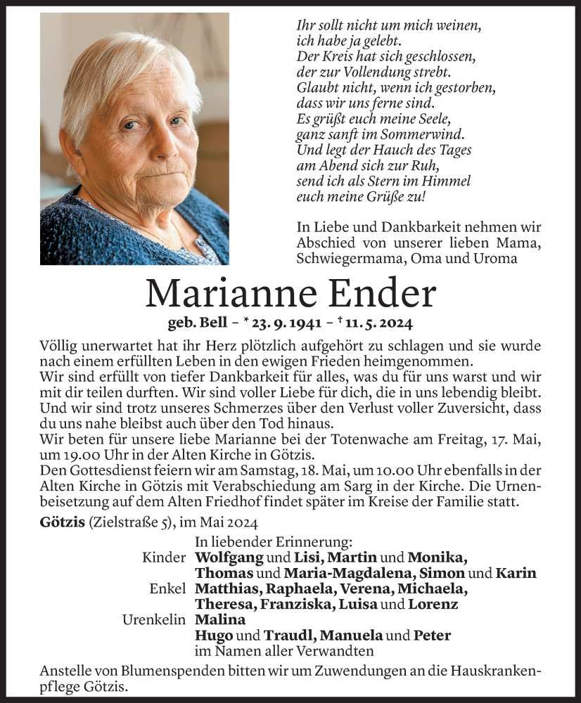  Todesanzeige für Marianne Ender vom 14.05.2024 aus Vorarlberger Nachrichten