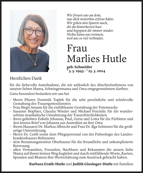 Todesanzeige von Marlies Hutle von Vorarlberger Nachrichten