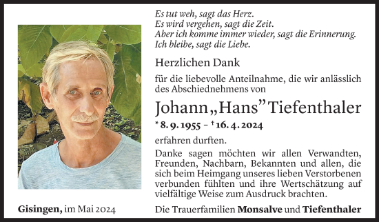 Todesanzeige von Johann Tiefenthaler von Vorarlberger Nachrichten