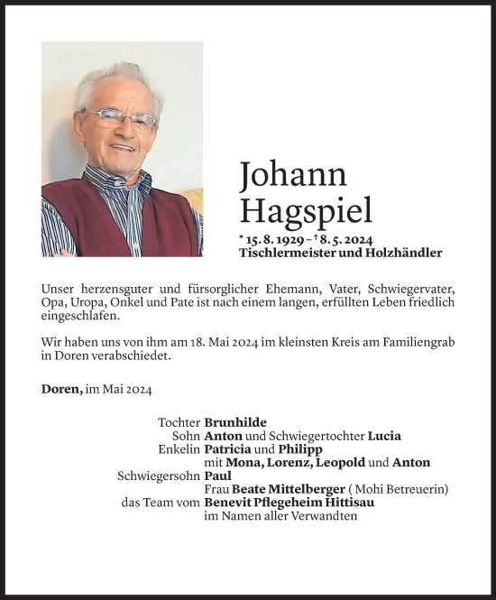 Todesanzeige von Johann Hagspiel von Vorarlberger Nachrichten