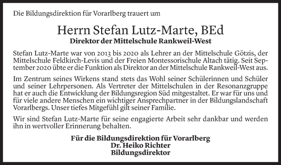 Todesanzeige von Stefan Lutz-Marte von Vorarlberger Nachrichten