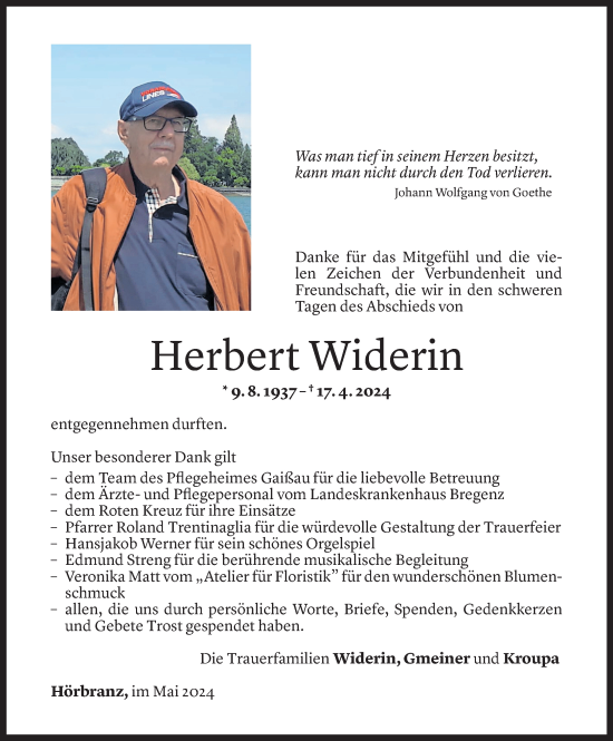 Todesanzeige von Herbert Widerin von Vorarlberger Nachrichten