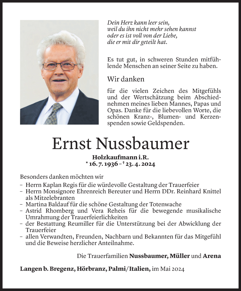 Todesanzeigen von Ernst Nussbaumer | Todesanzeigen Vorarlberger Nachrichten