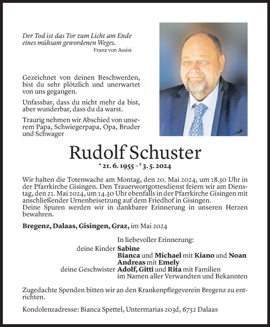Todesanzeige von Rudolf Schuster von Vorarlberger Nachrichten