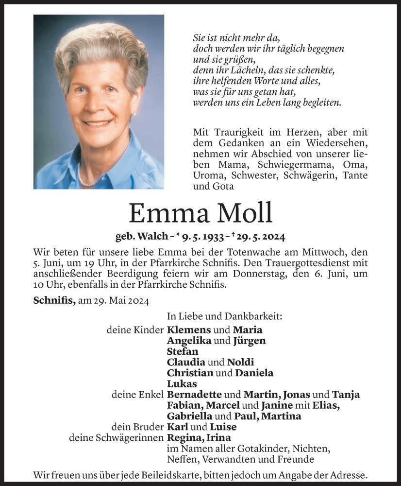  Todesanzeige für Emma Moll vom 31.05.2024 aus Vorarlberger Nachrichten