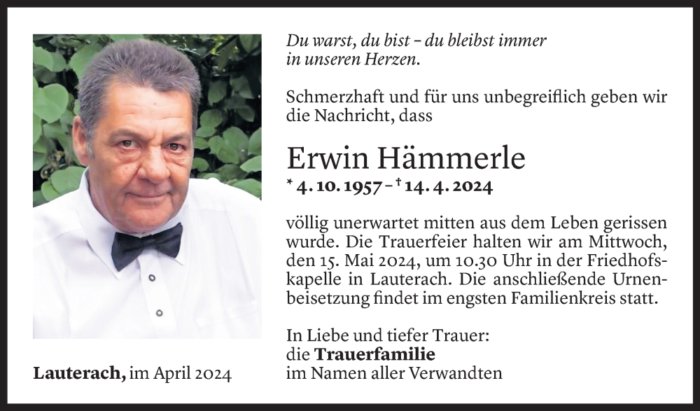  Todesanzeige für Erwin Hämmerle vom 10.05.2024 aus Vorarlberger Nachrichten