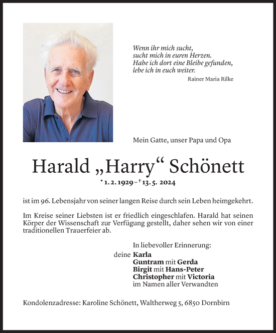Todesanzeige von Harald Schönett von Vorarlberger Nachrichten