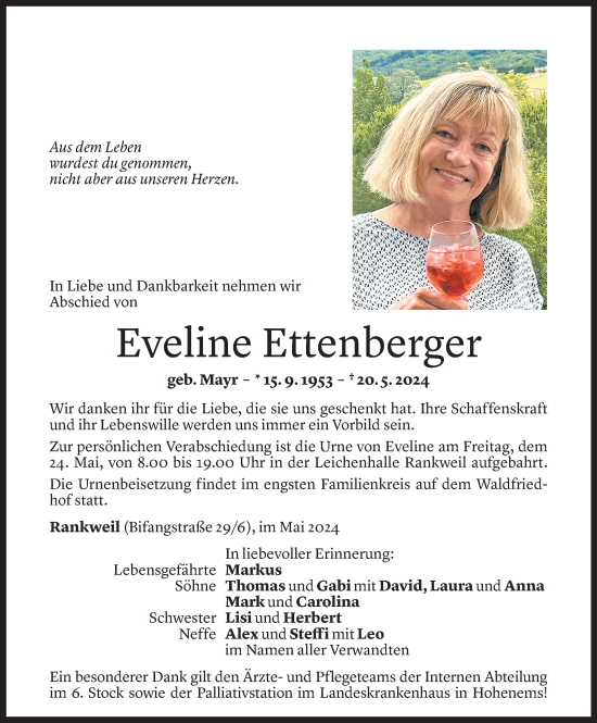 Todesanzeige von Eveline Ettenberger von Vorarlberger Nachrichten