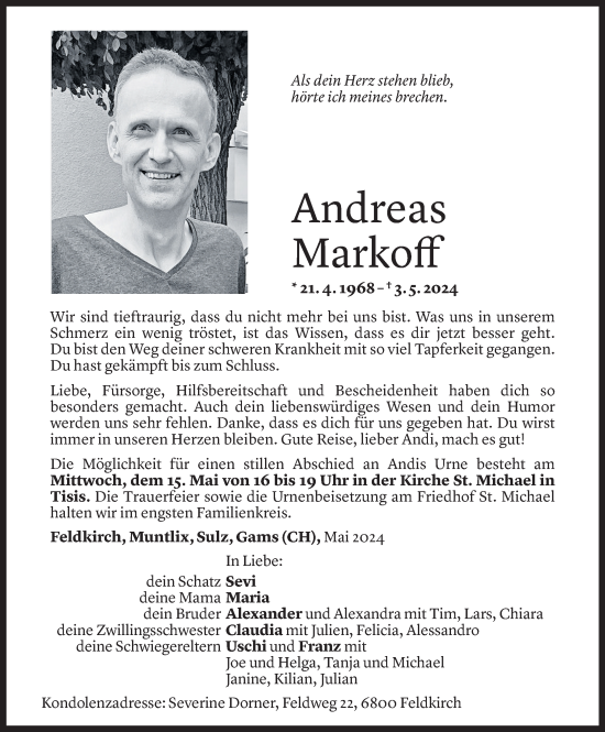 Todesanzeige von Andreas Markoff von Vorarlberger Nachrichten