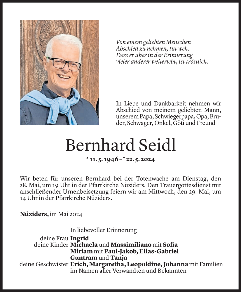  Todesanzeige für Bernhard Seidl vom 24.05.2024 aus Vorarlberger Nachrichten
