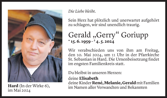 Todesanzeige von Gerald Goriupp von Vorarlberger Nachrichten