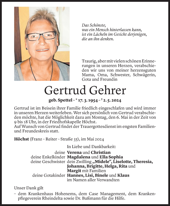 Todesanzeige von Gertrud Gehrer von Vorarlberger Nachrichten