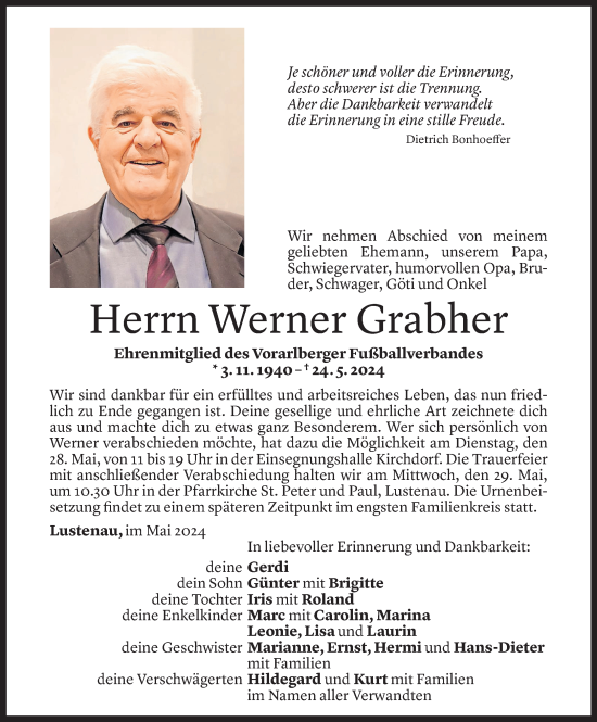 Todesanzeige von Werner Grabher von Vorarlberger Nachrichten