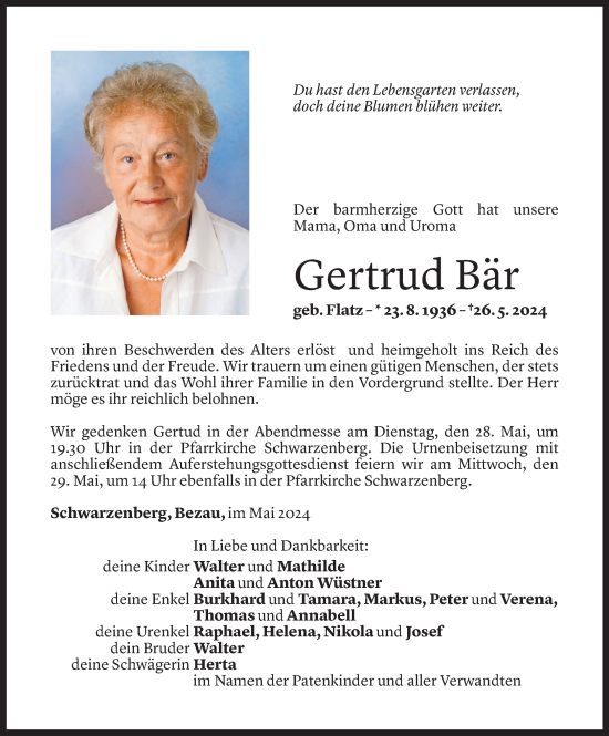 Todesanzeige von Gertrud Bär von Vorarlberger Nachrichten