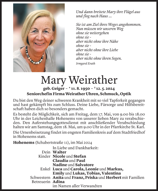 Todesanzeige von Mary Weirather von Vorarlberger Nachrichten