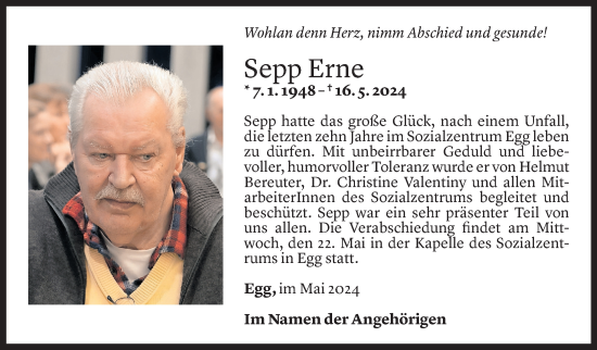 Todesanzeige von Sepp Erne von Vorarlberger Nachrichten