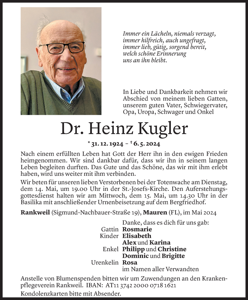  Todesanzeige für Heinz Kugler vom 10.05.2024 aus Vorarlberger Nachrichten